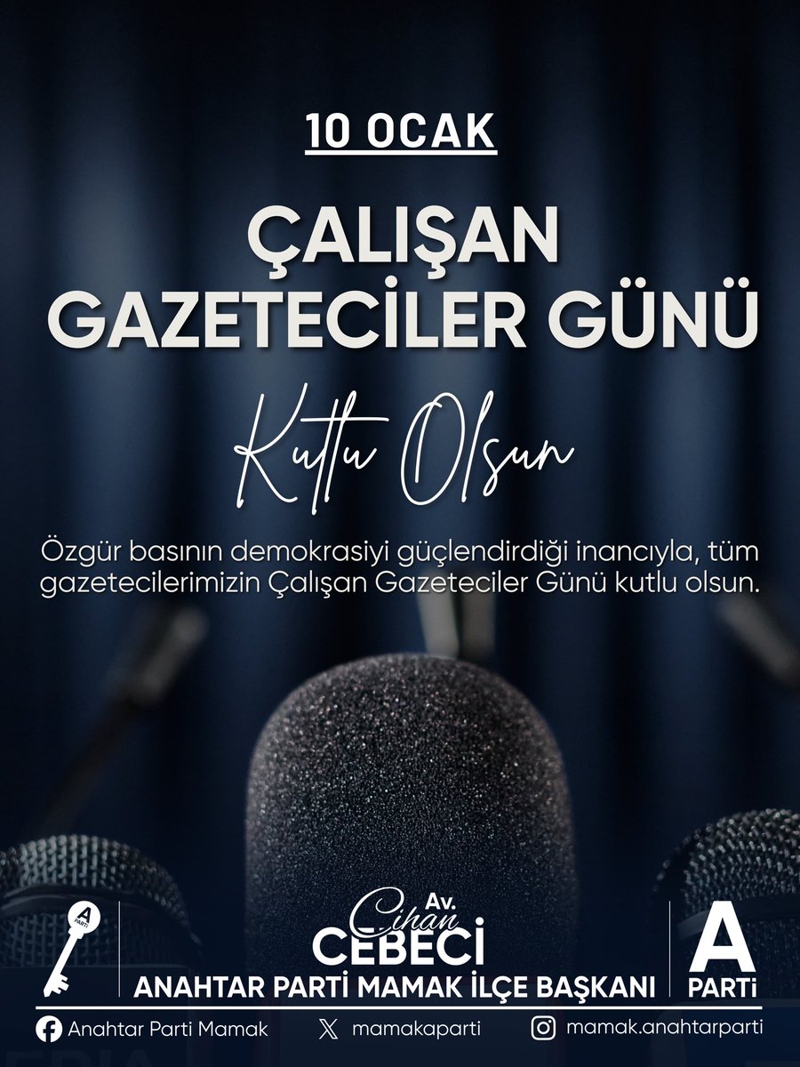 Özgür basının demokrasiyi güçlendirdiği inancıyla, tüm gazetecilerimizin 10 Ocak Çalışan Gazeteciler Günü kutlu olsun.

#gazeteci #anahtarparti #yavuzağıralioğlu #ankara #mamak