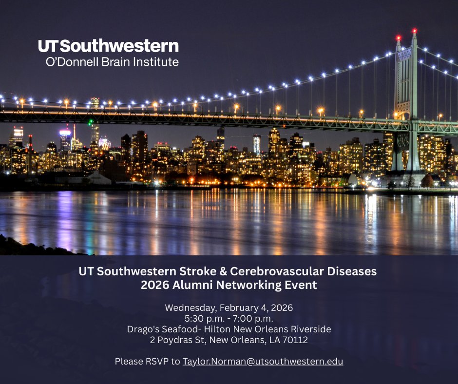 UTSWBrain's tweet image. Alumni of the UTSW Neurosurgery program are invited to join us for a networking event during #ISC26 in New Orleans. We also invite anyone interested in joining the stroke team to attend. Team leaders will be there to meet and greet attendees. RSVP taylor.norman@utsouthwestern.edu