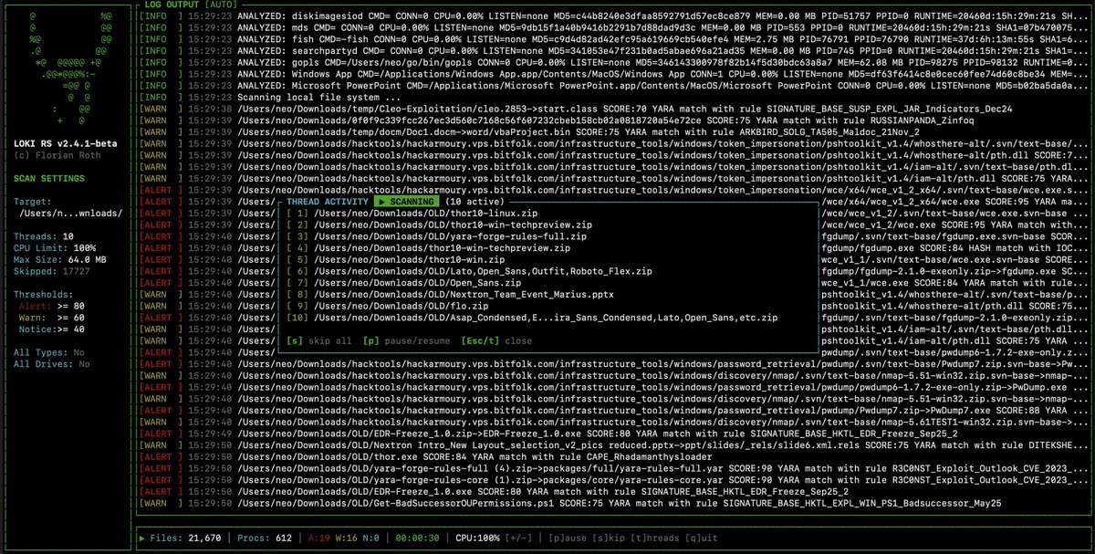cyb3rops's tweet photo. Loki RS is alive 🐍⚡

- High performance YARA & IOC scanner
- Multi-threaded
- Process memory & filesystem scanning
- ZIP scanning
- TUI
- New YARA-X
- IOCs from signature-base + YARA Forge
- HTML report
- Remote logging
- JSONL / Syslog output

Personal lab for scanner UX/perf experiments - if it breaks, it breaks; that’s part of the deal

https://t.co/k4JjMDqjoO