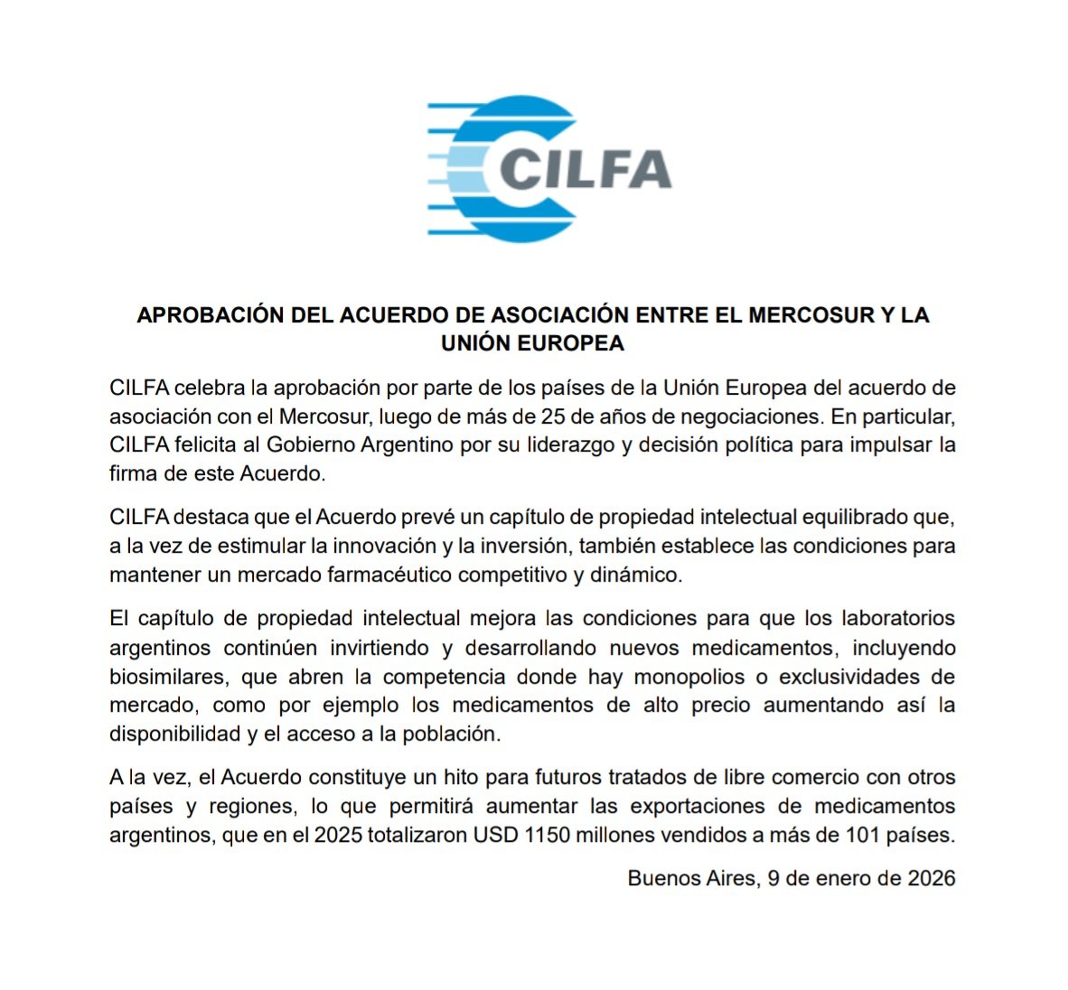 Empiezan a llegar los apoyos en serio. Aquí <a href="/Cilfa_/">Cilfa</a> aprueba el acuerdo Mercosur - Unión Europea.