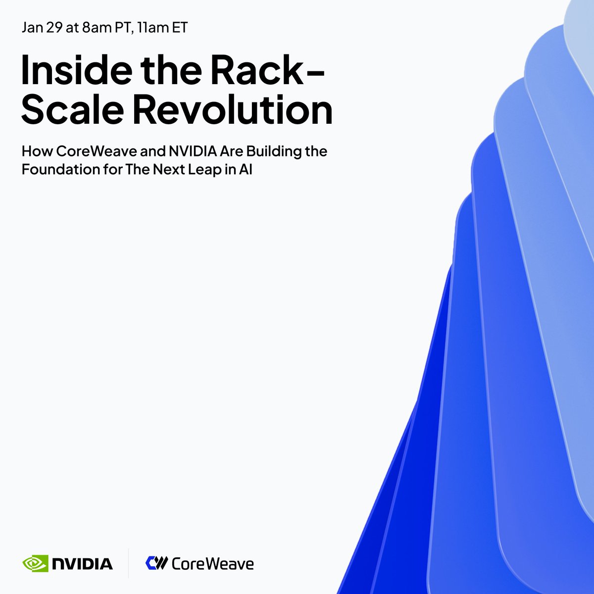 CoreWeave's tweet image. From a few GPUs to clusters of rack-scale systems, 2026 may be the turning point in how AI is built and consumed.

On 1/29, learn how CoreWeave and NVIDIA are redefining performance, reliability, and efficiency at AI scale.

Register for the webinar here: hubs.la/Q03-gcML0