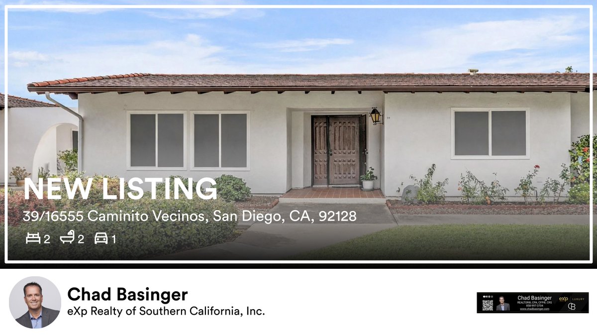 ChadBasinger's tweet photo. 🛌 2 🛀 2 🚘 1
📍 39/16555 Caminito Vecinos, San Diego, CA, 92128

My latest listing on RateMyAgent.
CA DRE REALTOR 01817600
https://t.co/j9ENMmxihb

...
#ratemyagent #realestate #eXp_Realty_of_Southern_California_Inc #forsaleinsandiego #chadbasingerrealtor https://t.co/VW4rNee7fl