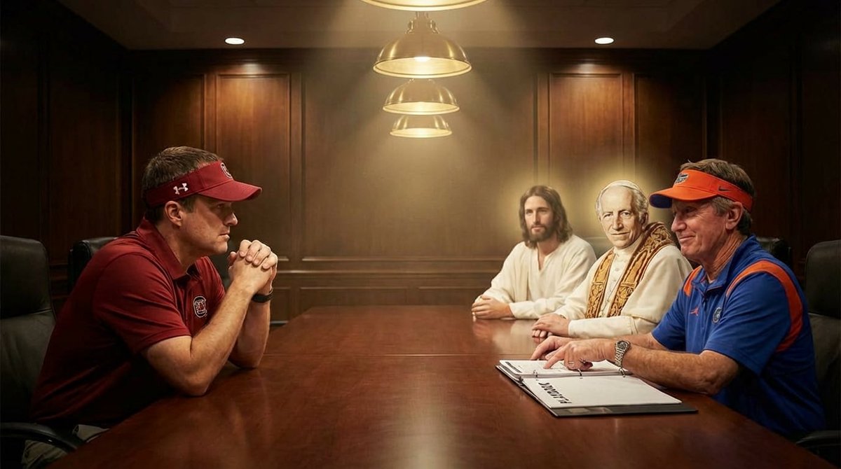CollegeScoutFB's tweet image. @UofSC won’t confirm a private meeting in late Nov 2025 for @CoachSBeamer &amp;amp; 3 influential leaders.  

Reports indicate Coach Beamer was given a “miracle blueprint” for coaching changes, portal options &amp;amp; assurances @GamecockFB would be in CFB26.  

#stevespurrier #PopeLeo #Jesus
