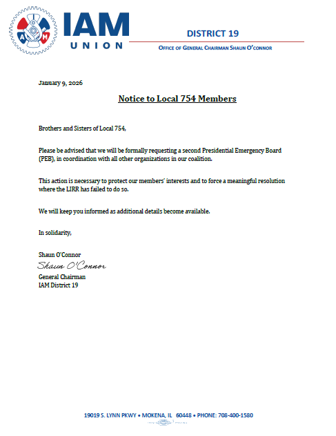 Our Coalition will be formally requesting a second Presidential Emergency Board. (1/9/2026)  Stay up to date with our latest contract information which will be posted on our website.
iam754.org/pension-contra…