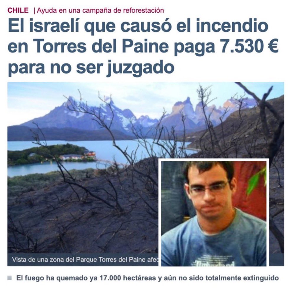 AdameMedia's tweet image. This is insane. 

Israelis keep going to South America and starting MASSIVE wildfires. 

In 2012, an Israeli was caught in Chile setting a fire that destroyed more than 17,000 HECTARES.

He only paid a small fine and was released to return to Israel.