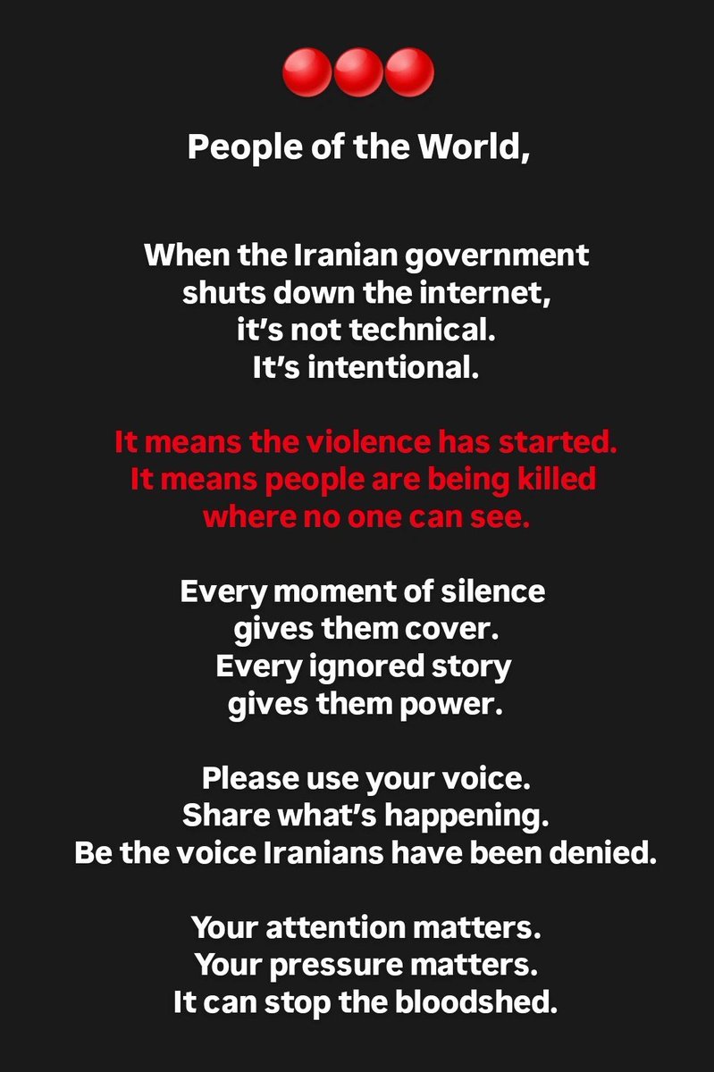 HosseinMolayemi's tweet photo. The internet blackout has begun
Iranians are risking their lives for freedom.
« ایران‌ را پس می‌گیریم »

#IranRevolution #IranProtests2026 
#ایران #پاينده_ایران #انقلاب_ملی_ایران #اعتراضات_سراسری https://t.co/wXj37Hda72