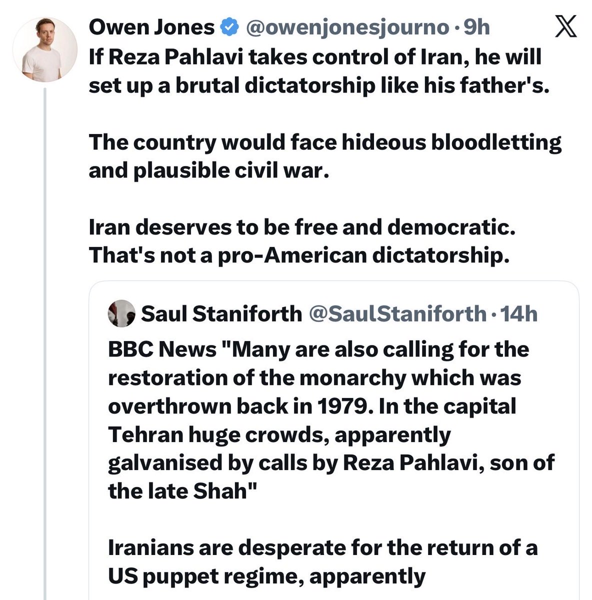 From total silence to open support for the Mullahs by dismissing the Iranian people support for Reza Pahlavi 

Britain’s Owen Jones sums -up the Western leftist delusions