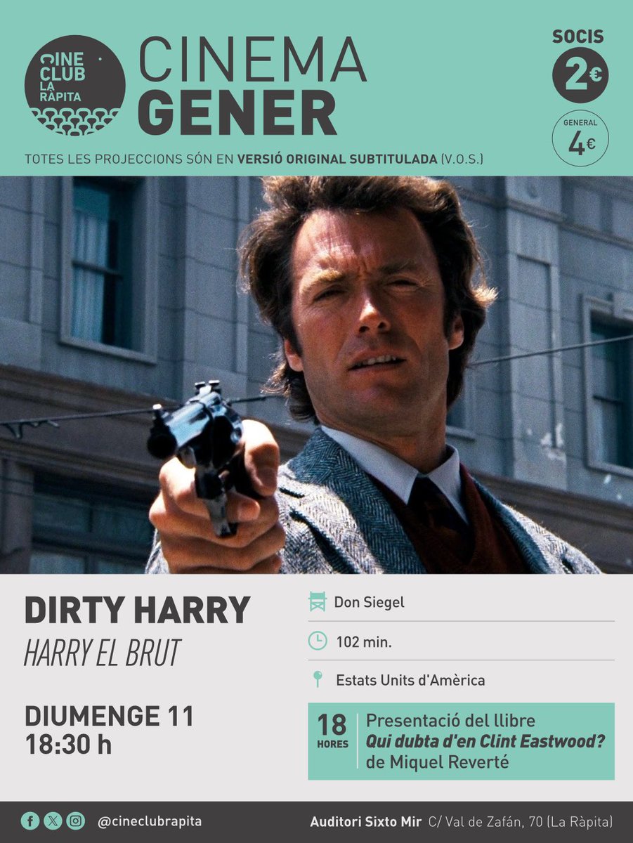 cineclubrapita's tweet photo. ‘Dirty Harry’ (Harry el brut) és la primera de cinc pel·lícules sobre Harry Callahan, un dels personatges més grans i rodons interpretats per Clint Eastwood, que van donar lloc a una memorable saga del cinema dels 70.

#Cine #Cinema #Cineclubisme #LaRàpita #TerresdelEbre https://t.co/hr2fJfs5rC