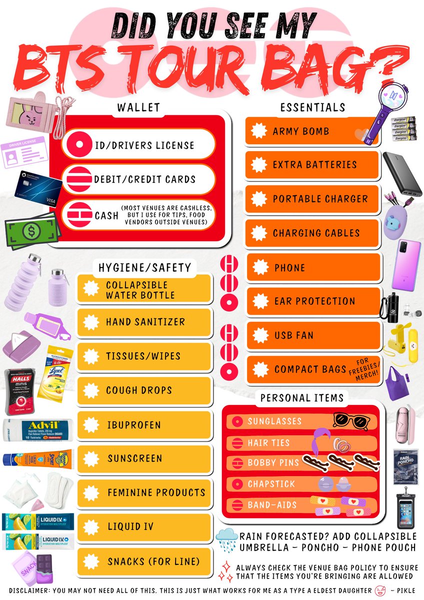 JiminsKookie11's tweet photo. What’s in my BTS Tour Concert Bag?

Here’s a list of what I pack for concert day. Like I’ve mentioned before, you don’t NEED all of this, but it works for me. Feel free to use as a reference point or guide. I’ll also add a link to the page with clickable images to buy items! https://t.co/gOHIyLENvn