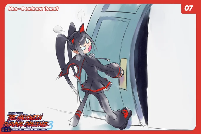 Halloween Survival Challenge: Prompt 7 Story lore: A mysterious doorway with a seal appeared, and we needed to open it to progress. ✧ 7's challenge was to use your "non-dominant hand" to draw your OC opening the door! A LOT of chat struggled with this one LOL