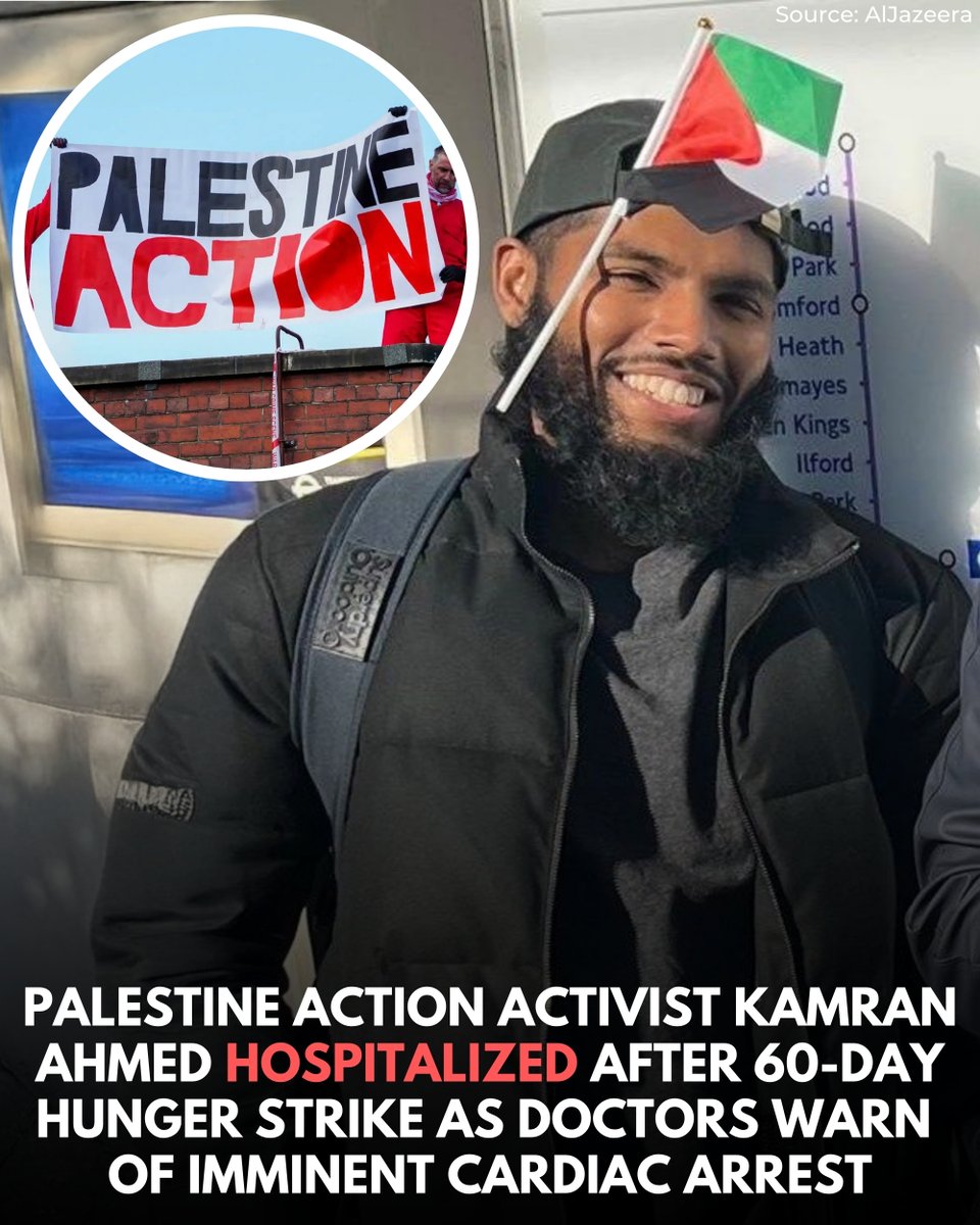 WearThePeaceCo's tweet image. Kamran Ahmed, 28 years old, has now gone more than 60 days without food in a hunger strike for Palestine and against his inhumane and unjust imprisonment. On January 7, he was hospitalized for the sixth time after doctors diagnosed him with shrinkage of his heart muscle and…