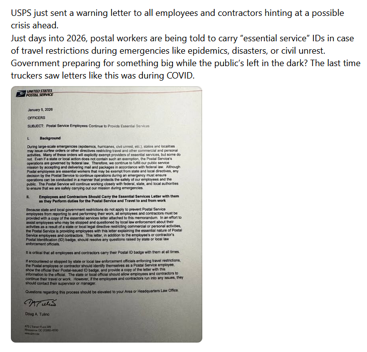 MistaBRONCO's tweet image. IN CASE U DIDN'T KNOW ...
POSTAL EMPLOYEES IN MINNESOTA RECEIVED THIS WARNING LETTER ON JAN 5 ...
2 DAYS LATER WE HAVE THE I C E SHOOTING .
HOW CONVENIENT ..LOL
SO DON'T BE FOOLED ...THIS IS ALL STAGED TO CREATE THE CHAOS THAT IS SURE TO COME AND SPREAD.
LOCKDOWNS SOON ? MAYBE
