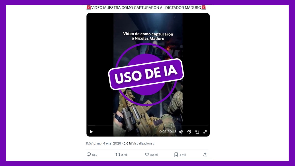 🎥También circuló un video que afirma mostrar el momento de su detención. 
❌El contenido fue generado con inteligencia artificial y no existen registros oficiales que respalden esas imágenes.