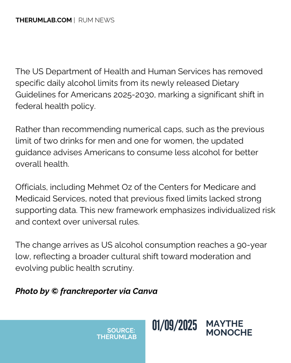 therumlab's tweet image. A major shift in US health policy! 🇺🇸 The new 2025-2030 Dietary Guidelines have removed specific daily drink limits, moving to an individualized "consume less" approach. Read what this means for the industry:  

📉 therumlab.com/us-alcohol-gui…

#TheRumLab #RumNews