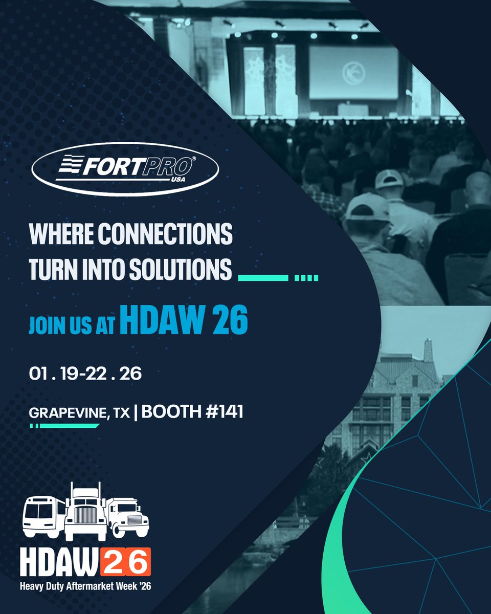 Fortpro's tweet image. We’re hitting the road to HDAW 26.

FortPro USA will be part of the Heavy Duty Aftermarket Week, one of the industry’s key events to connect, learn, and move the aftermarket forward.

🗓 January 19–22, 2026
📍 Grapevine, TX

🔹 Find us at Booth #141