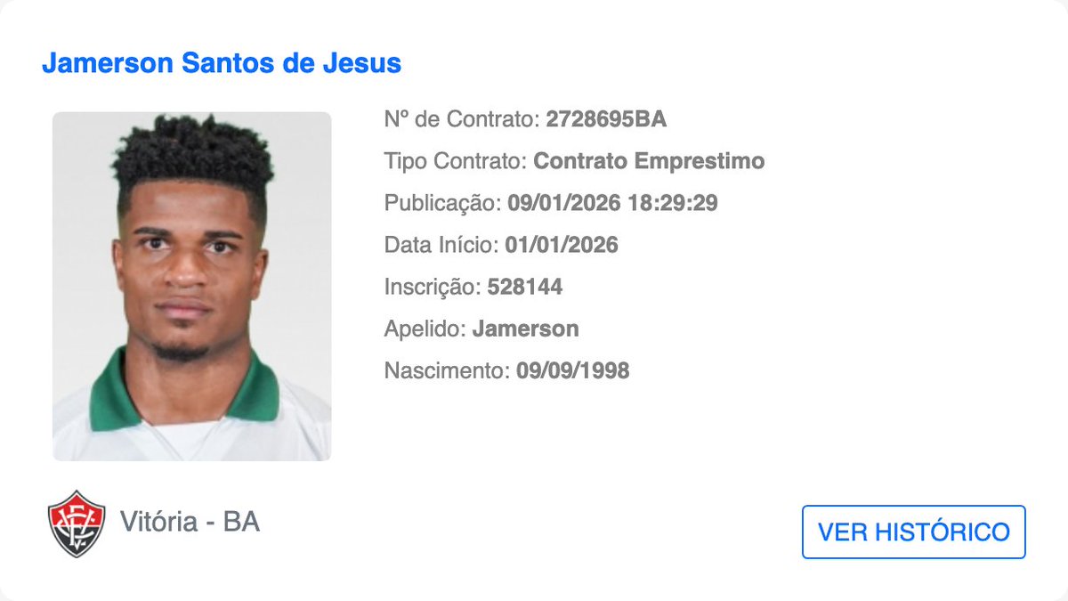 bidDoVitoria's tweet photo. ✍️ Jogador publicado no BID: Jamerson
    
📅 Publicado em: 09/01/2026 18:29:29

📝 Tipo de contrato: Contrato Emprestimo

🔚 Data de término do contrato: 31/12/2026

#Jamerson #BID #ECVitoria https://t.co/zTKK2hKbIU