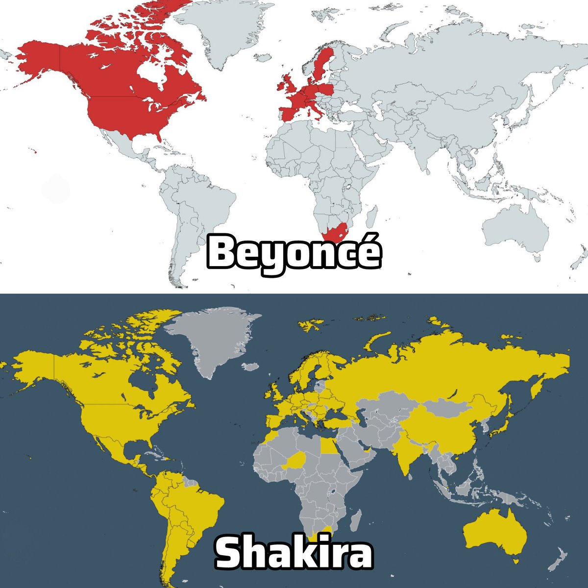 ShakGagaTop's tweet image. countries that Shakira and Beyoncé have visited on their tours MORE THAN ONCE