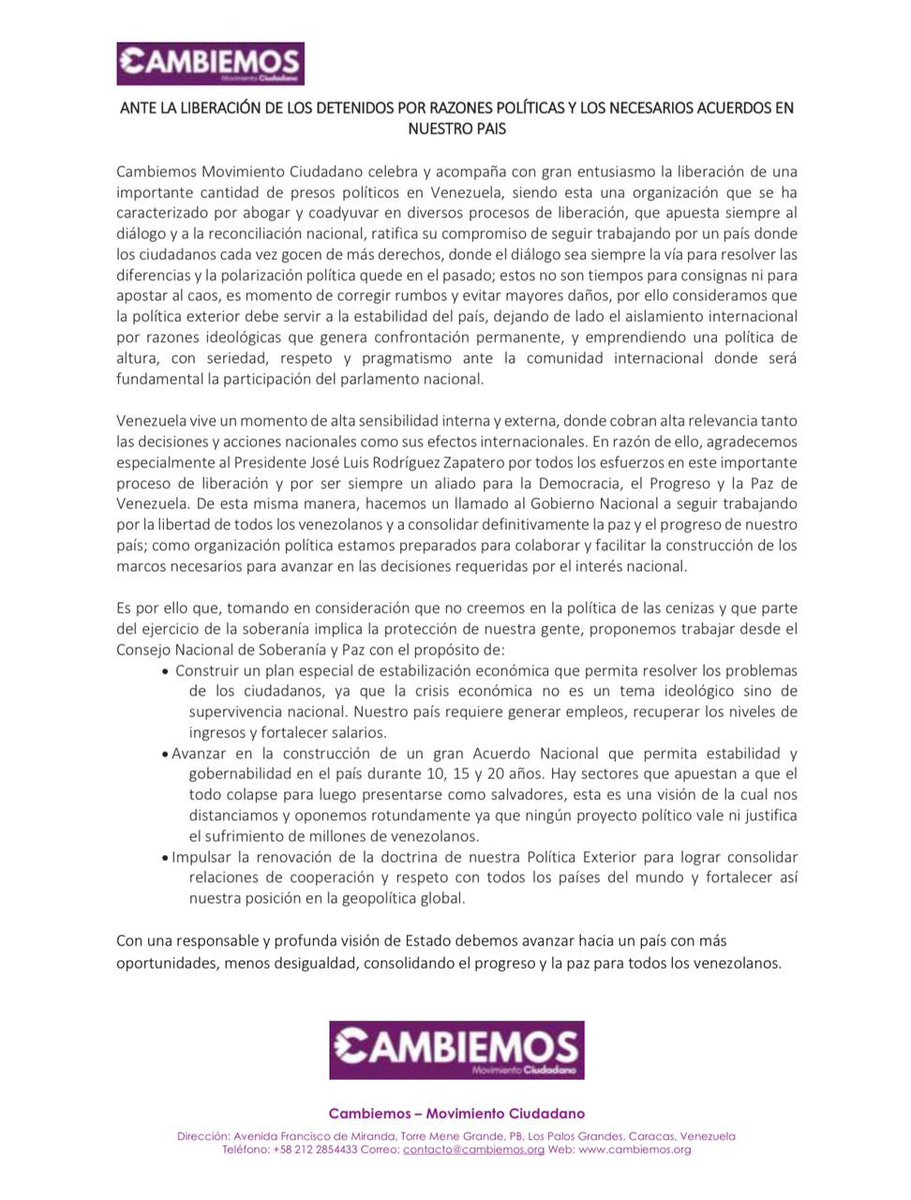 ANTE LA LIBERACIÓN DE LOS DETENIDOS POR RAZONES POLÍTICAS Y LOS NECESARIOS ACUERDOS EN NUESTRO PAIS

Cambiemos Movimiento Ciudadano celebra y acompaña con gran entusiasmo la liberación de una importante cantidad de presos políticos en Venezuela, siendo esta una organización que