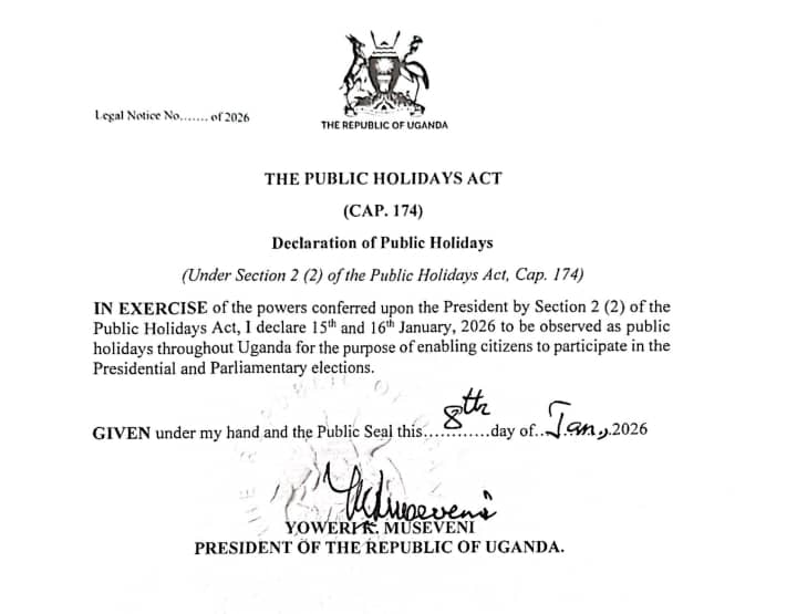 GovUganda's tweet image. 𝐎𝐅𝐅𝐈𝐂𝐈𝐀𝐋 𝐍𝐎𝐓𝐈𝐂𝐄
The Government of Uganda has officially declared 15th &amp;amp; 16th January 2026 as public holidays to allow all citizens ample time to participate in the Presidential and Parliamentary Elections.
#OpenGovUg