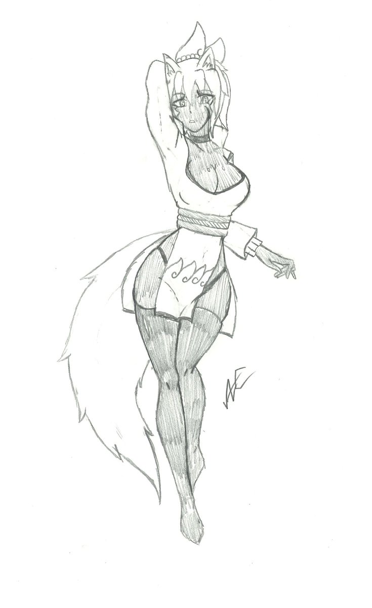 ArcCryptid's tweet image. A sketch i did at work of my kitsune Onobi Yoru