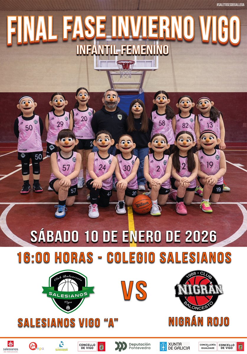 Mañana toca comer pronto porque a las 16.00 tenemos una cita importante en Salesianos

Nuestro Infantil Fem A juega ante <a href="/cb_nigran/">Club Baloncesto Nigrán</a> la Final de Invierno de Vigo, con el premio añadido para las ganadoras de conseguir su billete para la Fase de Ascenso a Liga Gallega

#SaletoBasket