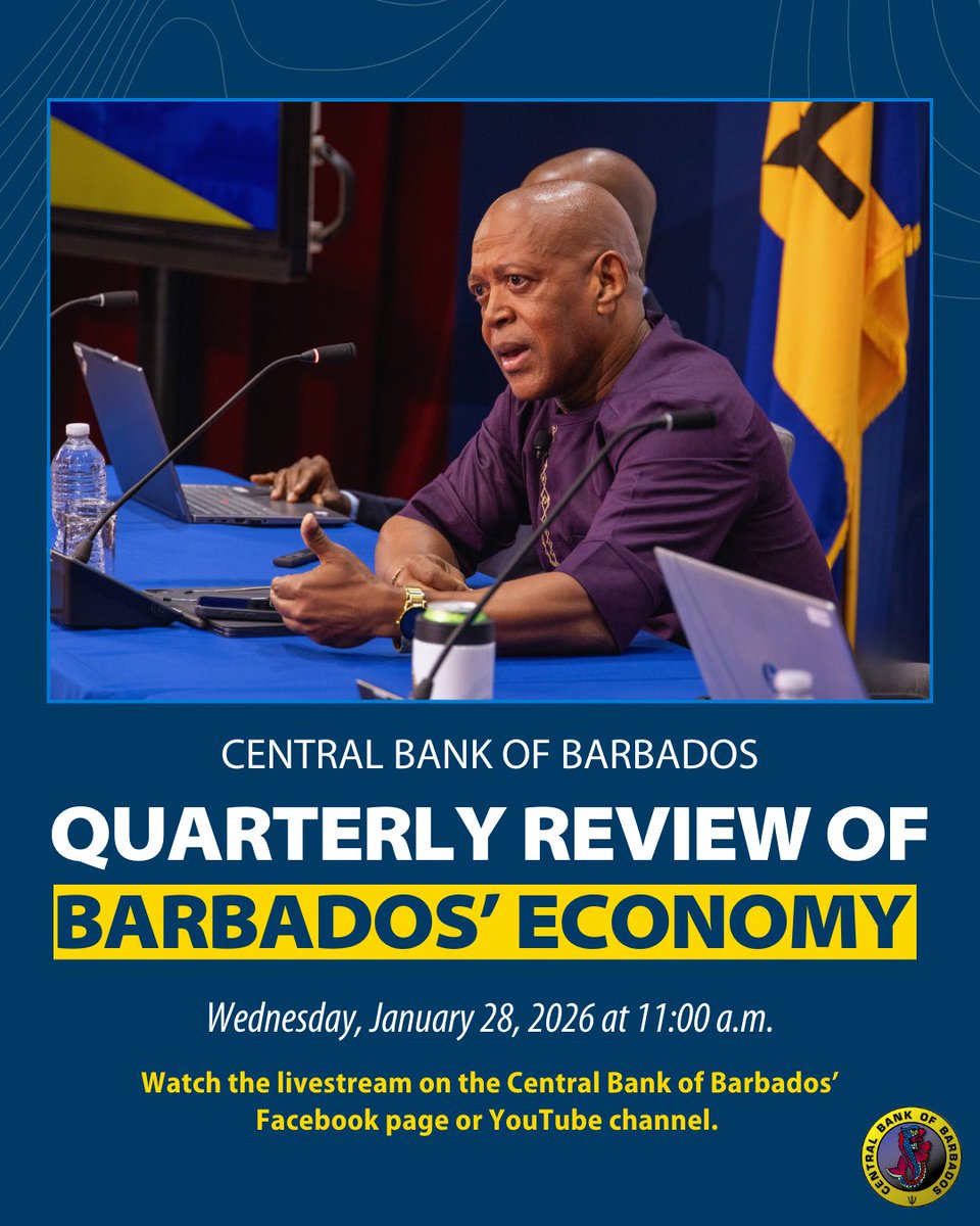 In just two weeks, Governor Greenidge will present our first quarterly economic review of 2026. Join the livestream on our Facebook page or YouTube channel on Wednesday, January 28 at 11:00 a.m. to watch our review of the Barbados economy in 2025 and the outlook for 2026.