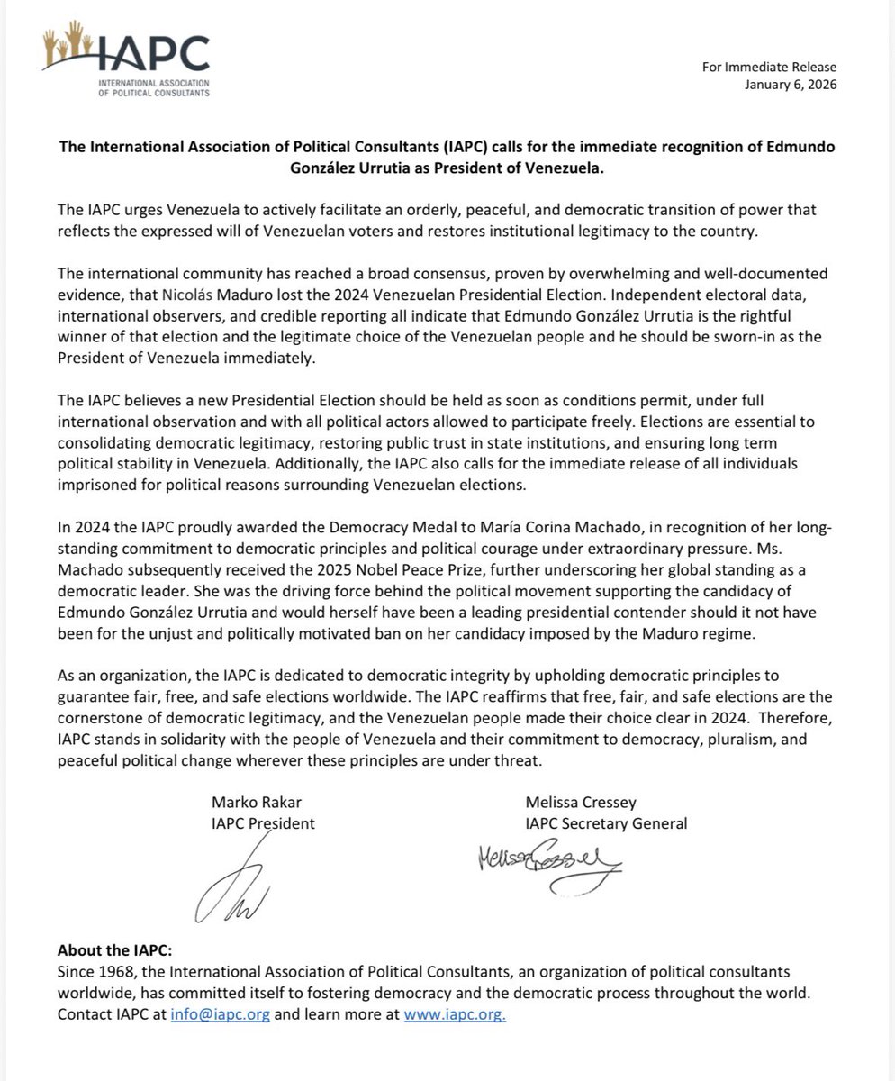 mcressey's tweet photo. @KevinPWalling Statement from @OfficialIAPC. We call for Edmundo González Urrutia to be sworn in as president immediately given the actual results in the 2024 election, followed by a new election and also the release of political prisoners. https://t.co/3Wvt9BRZJj