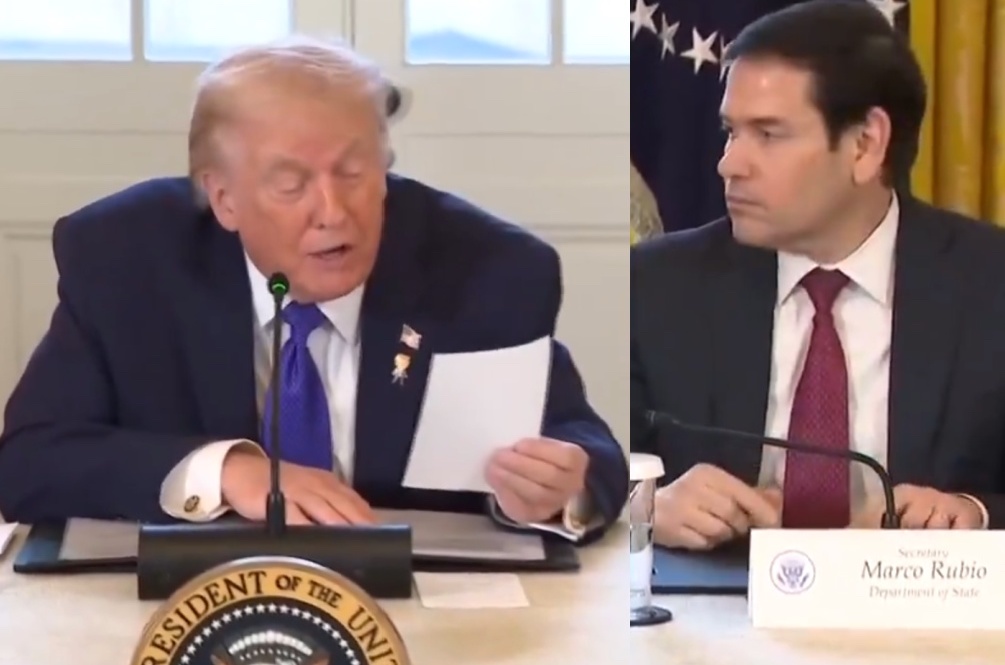 BREAKING: Donald Trump idiotically reads a secret note out loud just seconds after Marco Rubio slipped it to him — causing an incredibly awkward back and forth.

Dementia Don has lost control of his mouth...

The viral moment came during a White House meeting with executives from