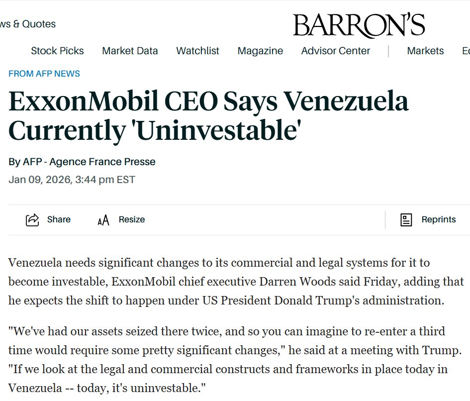 🛢️🇻🇪 "Nos han confiscado nuestros activos allí dos veces, así que, como pueden imaginar, volver a entrar una tercera vez requeriría cambios bastante significativos", dijo en una reunión con Trump. "Si observamos las estructuras y los marcos legales y comerciales vigentes hoy en