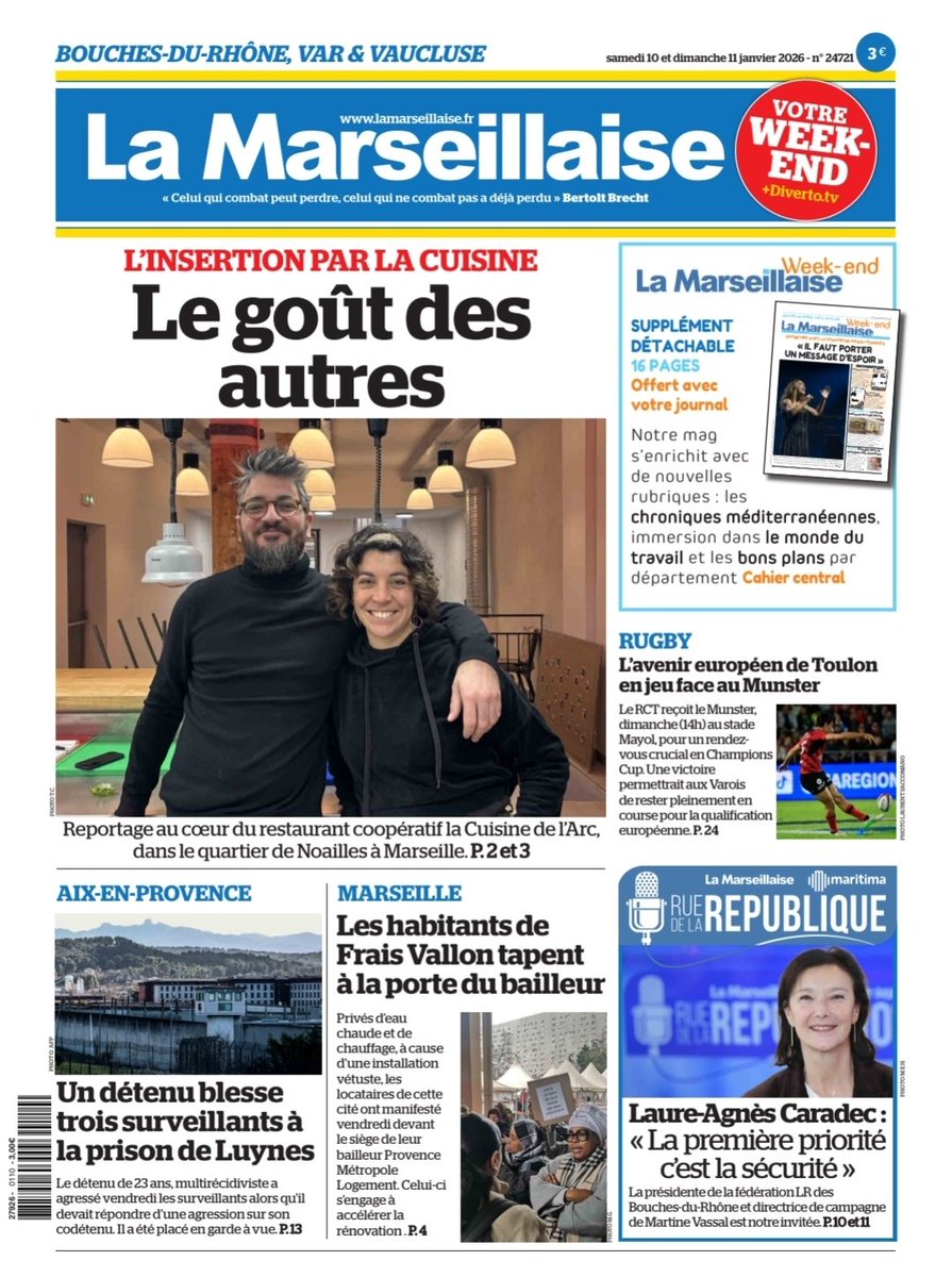 LeoPurguette's tweet image. #ÀlaUne des 10 et 11 janvier 2026 #Cuisine #Insertion #Marseille #FraisVallon #Logement #Aix #Prison #Luynes #Rugby #RCT #Toulon #RueDeLaRépublique #LaureAgnèsCaradec #WeekEnd   
En kiosque et par abonnement sur lamarseillaise.fr
