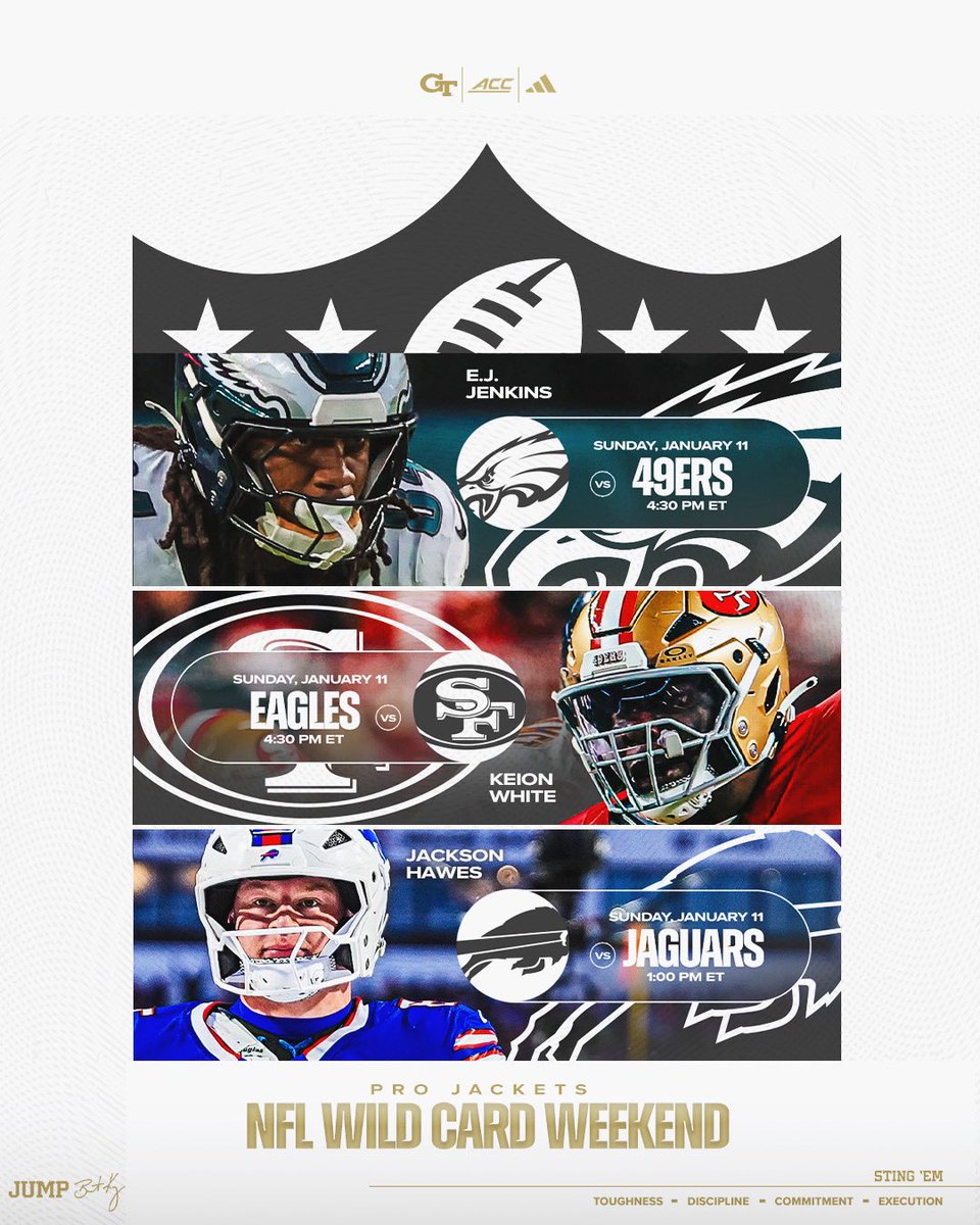 GeorgiaTechFB's tweet photo. Good luck to our #ProJackets this NFL Wild Card Weekend ๐ฅ
#StingEm ๐ https://t.co/k0v8xNRWWr