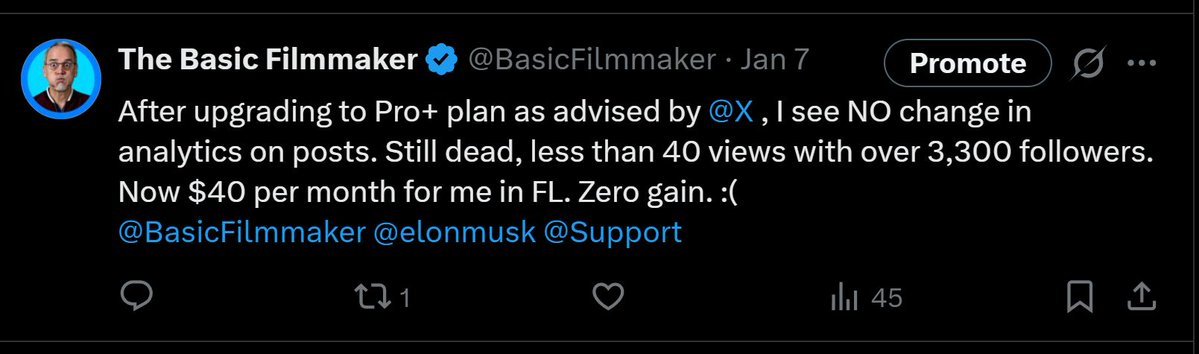 BasicFilmmaker's tweet image. Still no response. Same low views. Was told (by X) need Pro+ to get views now.  Still nothing.
@BasicFilmmaker @Support