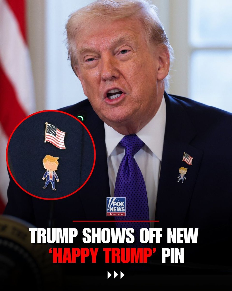 FoxNews's tweet image. 'HAPPY TRUMP': President Trump shows off a gifted pin of himself, coining it the 'Happy Trump':

"Consider the fact that I'm never happy. I'm never satisfied. I will never be satisfied until we make America great again."