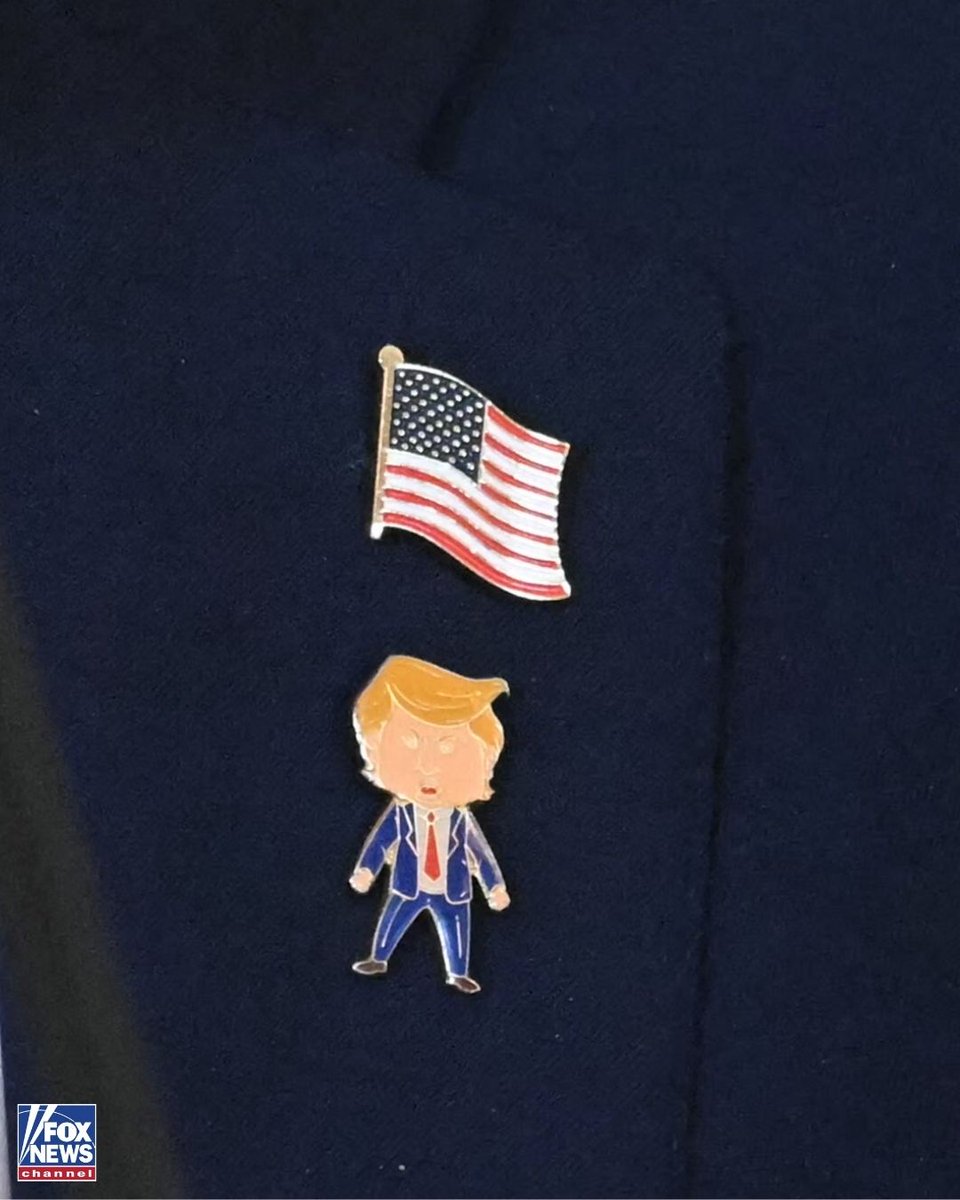 FoxNews's tweet image. 'HAPPY TRUMP': President Trump shows off a gifted pin of himself, coining it the 'Happy Trump':

"Consider the fact that I'm never happy. I'm never satisfied. I will never be satisfied until we make America great again."