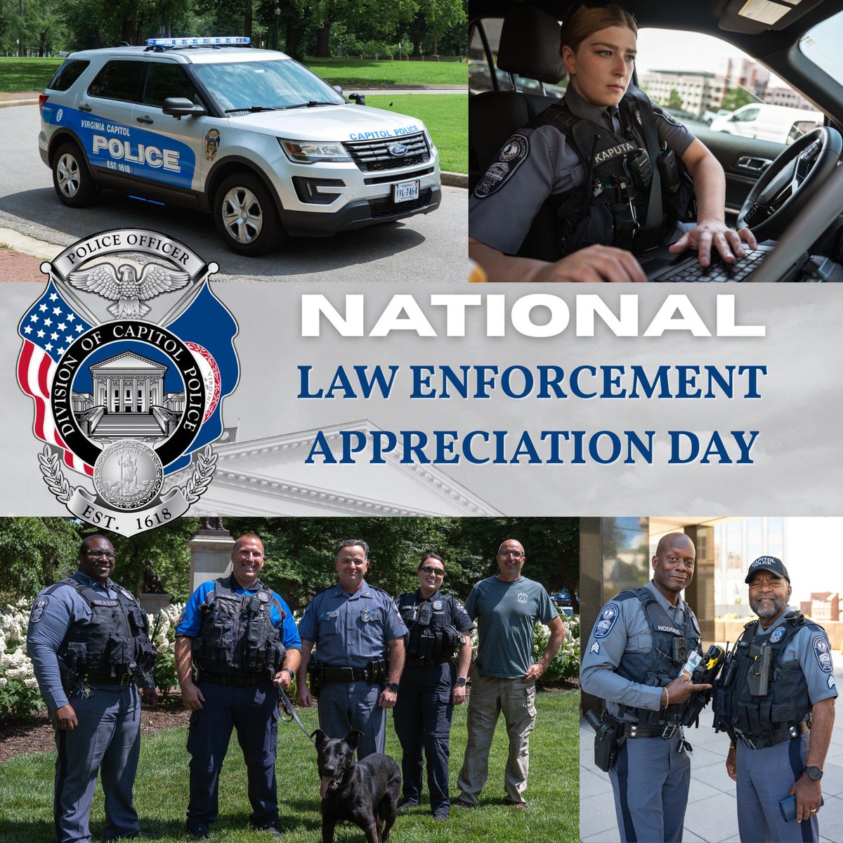 VaCapitolPolice's tweet photo. Thank you to the men &amp; women of DCP who serve as both officers &amp; ambassadors to VA’s seat of government. Guided by Devotion, Character &amp; Professionalism, you protect officials, employees, residents &amp; visitors with pride and courage. We’re grateful for you &amp; our local LE partners. https://t.co/2I40R19guX