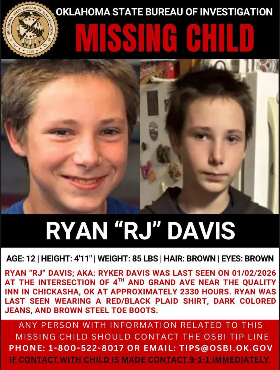 As the search for 12-year-old RJ Davis continues, the OSBI is now offering a $5,000 reward for anyone who can confirm RJ’s location, leading to his safe return. 

RJ was last seen on January 2, 2026, near Fourth Street and Grand Avenue in Chickasha, Oklahoma. 

Anyone with