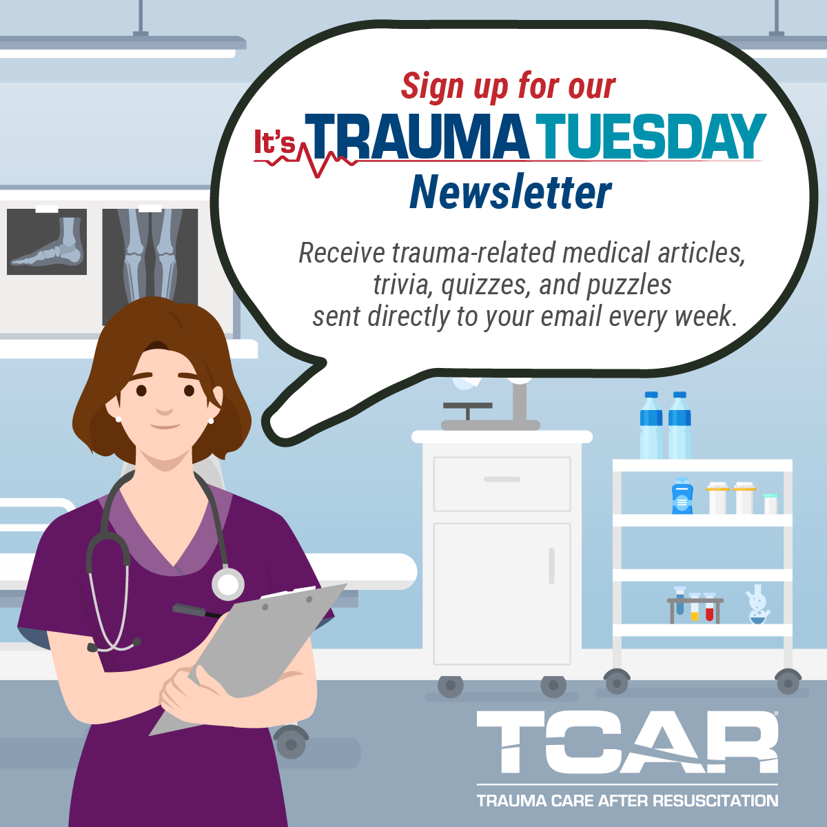 TCARprograms's tweet photo. Have you subscribed to our weekly Trauma Tuesday newsletter? Get trauma-related medical articles, trivia, quizzes, and puzzles sent directly to your email every week. Subscribe today. https://t.co/PG9DesBXcM https://t.co/Uqz8dps1aI