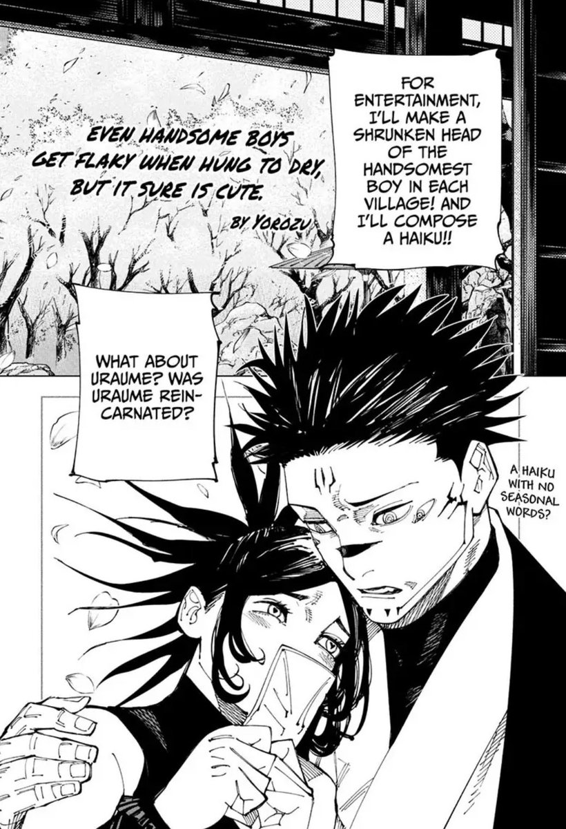 Ropes3amThought's tweet image. Though I doubt this would happen I think it would’ve been funny if Sukuna might’ve liked her if she could write a Haiku