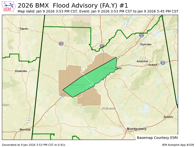 NWSBirmingham's tweet photo. A Flood Advisory has been issued for much of Jefferson and Tuscaloosa counties until 5:45 pm, including the cities of Birmingham and Tuscaloosa. Up to 1 inch of rain has fallen with up to another inch possible in the advisory area. #alwx https://t.co/ehDTNSHCOV