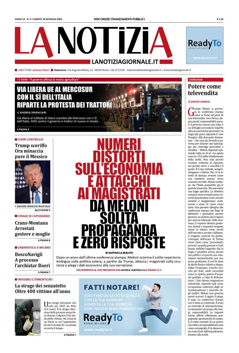 🗞  Buongiorno, ecco la nostra prima pagina di oggi lanotiziagiornale.it