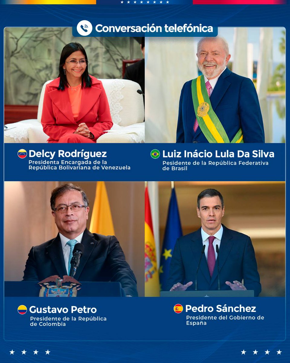 ConElMazoDando's tweet photo. #VenezuelaNoSeRinde | La presidenta encargada de la República Bolivariana de Venezuela, Delcy Rodríguez, informó este viernes que mantuvo conversaciones con los mandatarios de Brasil, Luiz Inácio Lula da Silva; de Colombia, Gustavo Petro; y del Gobierno del Reino de España, Pedro Sánchez, a quienes detalló “la grave agresión criminal, ilegal e ilegítima” perpetrada por Estados Unidos (EEUU) contra el país latinoamericano.

“Durante estos intercambios, informé detalladamente sobre los ataques armados contra nuestro territorio, que ocasionaron el asesinato de más de un centenar de civiles y militares, así como sobre las graves violaciones al Derecho Internacional, incluida la violación de la inmunidad personal del Presidente Constitucional de la República, Nicolás Maduro Moros, y de la Primera Dama y Primera Combatiente, Cilia Flores”, indicó Rodríguez en su canal de Telegram.

En los contactos, las autoridades coincidieron “en la necesidad de avanzar en una agenda de cooperación bilateral amplia, sobre la base del respeto al Derecho Internacional, la soberanía de los Estados y el diálogo entre los pueblos”.

Rodríguez agradeció “de manera especial” a Lula “y al pueblo de Brasil por el acompañamiento y el apoyo brindado a Venezuela en los momentos más críticos tras la agresión sufrida”.

“Con el Presidente Gustavo Petro ratifiqué que Colombia y Venezuela son países hermanos, comprometidos en avanzar juntos para enfrentar y resolver los problemas que nos afectan en común, sobre la base del respeto mutuo y la cooperación regional”, refirió.

Respecto a la conversación con el Presidente español, Rodríguez destacó que agradeció la valiente postura de su Gobierno, “condenando la agresión contra Venezuela”. Además, planteó el interés del Gobierno Bolivariano “en trabajar conjuntamente en una agenda bilateral amplia y beneficiosa para ambos pueblos y gobiernos”.

“Reafirmé que Venezuela continuará enfrentando esta agresión por la vía diplomática, fiel a los principios de la Diplomacia Bolivariana de Paz, como único camino para la defensa de nuestra soberanía y la preservación de la paz”, enfatizó.