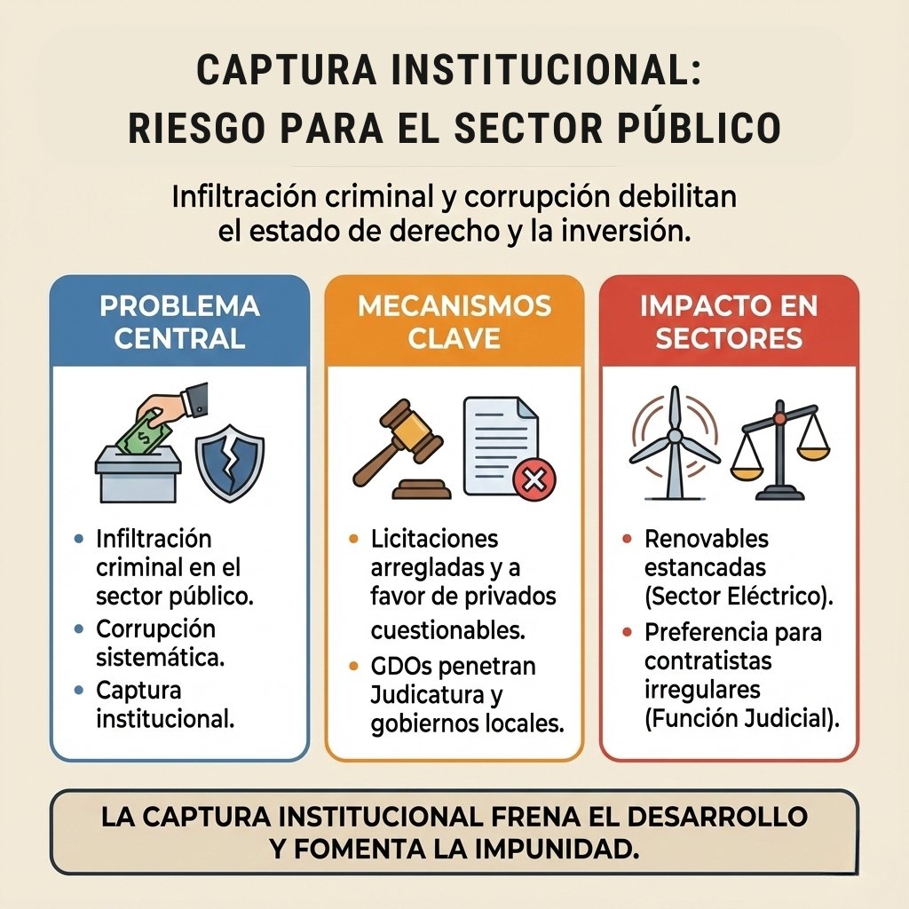Nuestros #RiesgosPolíticos2026 ⤵️

Riesgo 6: Captura Institucional
La captura institucional avanza en Ecuador.

Infiltración criminal y corrupción distorsionan compras públicas, frenan reformas y favorecen contratistas irregulares, debilitando el Estado de derecho y la inversión.