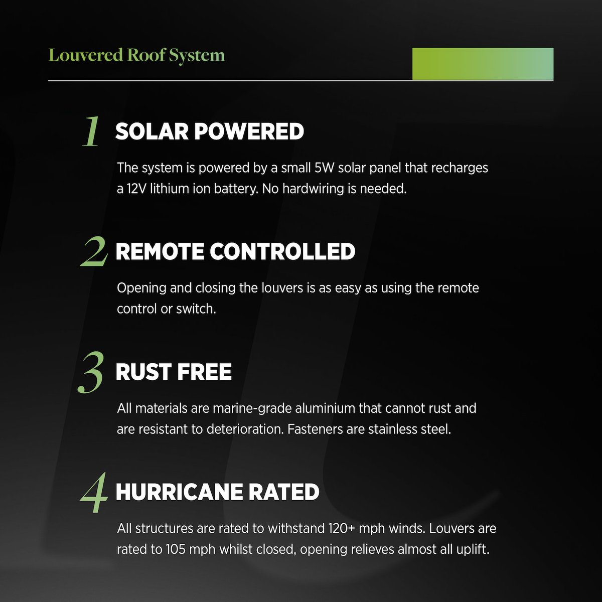 LifeRoomLife's tweet image. It's time to live louvered.

Our Louvered Roof System includes various features to enhance the functionality of your outdoor experience!

With solar power, remote-control functions, anti-rust material, and superior durability, your satisfaction is guaranteed!

#LifeRoomLife