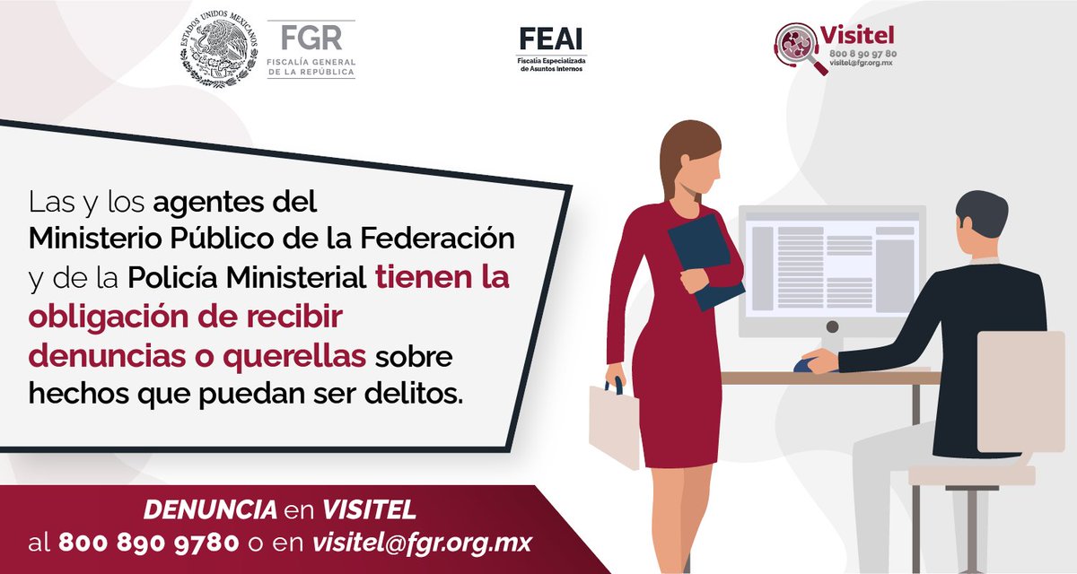 Policías Federales Ministeriales y agentes del Ministerio Público de la Federación están obligados a recibir denuncias o querellas sobre hechos que puedan ser constitutivos de delitos. #Denuncia actos de corrupción en #VISITEL, al 800 890 97 80 o visitel@fgr.org.mx.