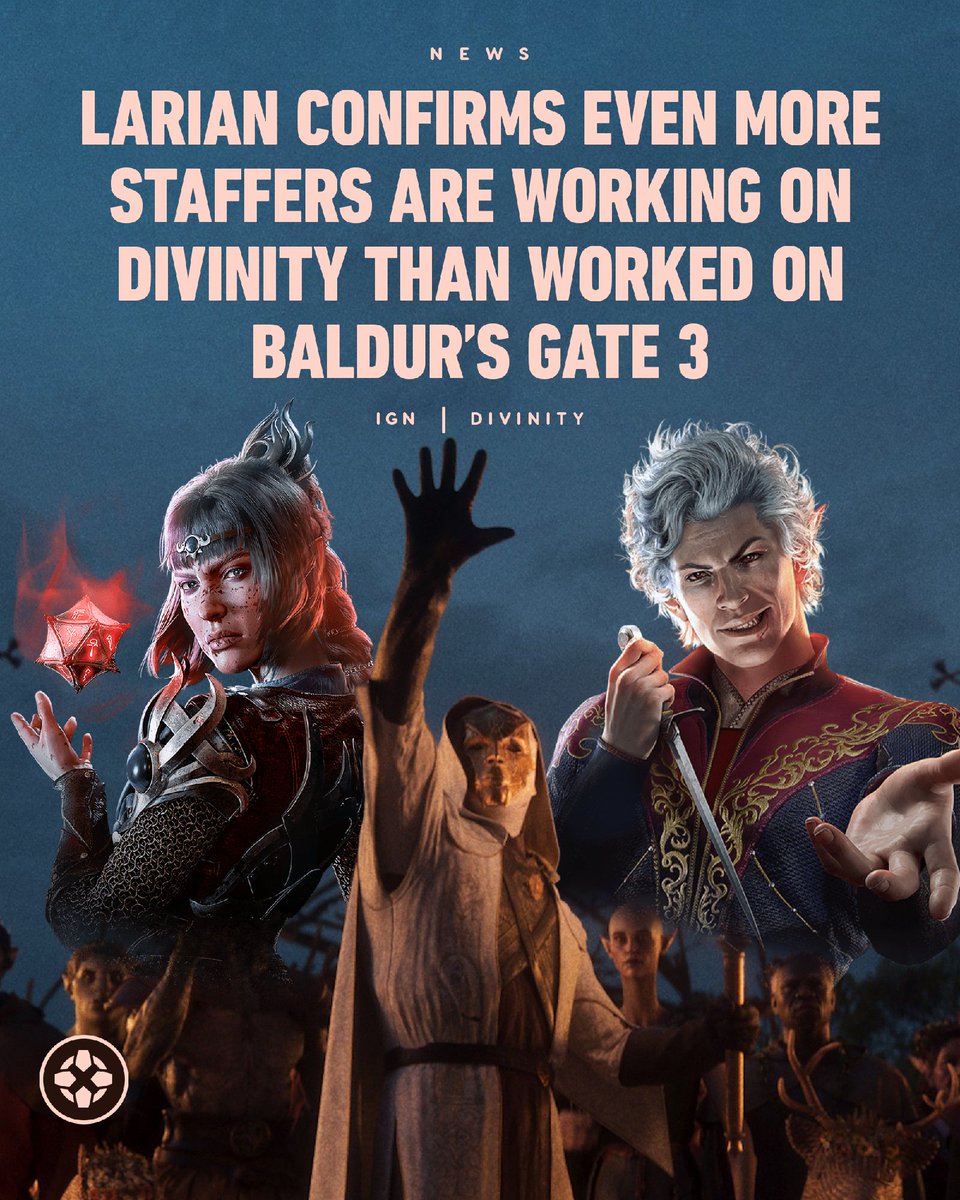 IGN's tweet image. Larian said in a recent Reddit AMA that around 500 people are working on Divinity, after 411 worked on Baldur's Gate 3. CEO Sven Vinke also doubled down on the company's use of generative AI in development. 

Read more here: bit.ly/49yWxBq