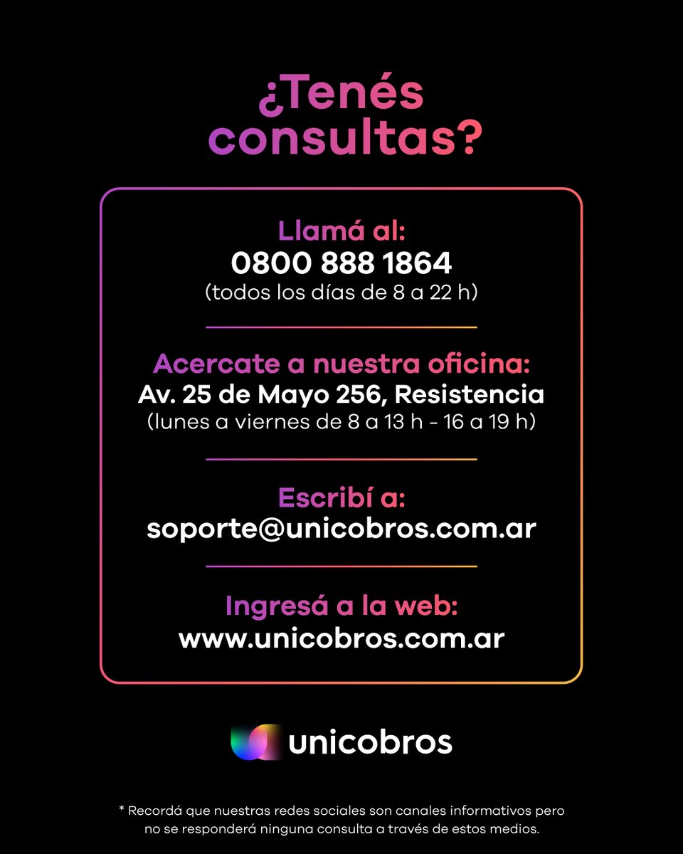 ¿Tenés consultas sobre Unicobros?
Estamos para ayudarte 🤝

ℹ️ Recordá que nuestras redes sociales son canales informativos y no se responden consultas por este medio.

Unicobros. Un solo medio para cobrar mejor 💪