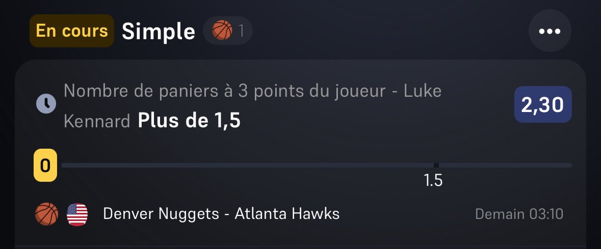 📍MON BET - 10/01 🗓️ | #NBA🇺🇸

1% KENNARD +1.5 PANIERS À 3 POINTS 2.30

TEAM : NUGGETS x HAWKS 🍗🚗

PRESSE « ❤️ » SI TU SUIS LE BET !

#TeamParieur #NBAX