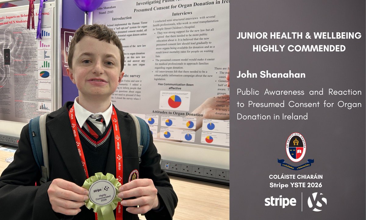 Huge congratulations to John Shanahan who received a Highly Commended Award in the Junior Health &amp; Wellbeing category at <a href="/StripeYSTE/">Stripe Young Scientist & Technology Exhibition</a> today! 👏

Fantastic work and an important piece of research for the future! #StripeYSTE2026