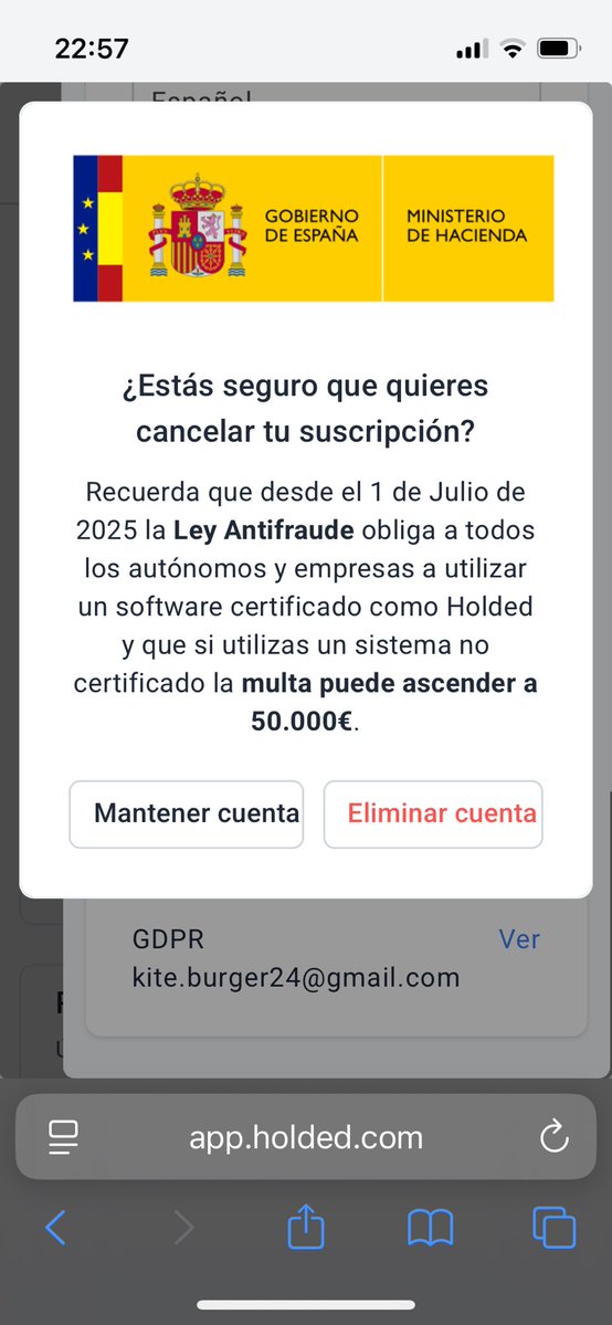Madre mía <a href="/holded_ES/">Holded ES</a> la madre de todos los dark patterns de cancelación de cuenta.
- 7 pantallas de confirmación (!)
- Usar el logo del gobierno para amenazar
- Mil guarradas de UX (botones escondidos, instrucciones confusas o directamente erróneas)
- Pedirme contraseña