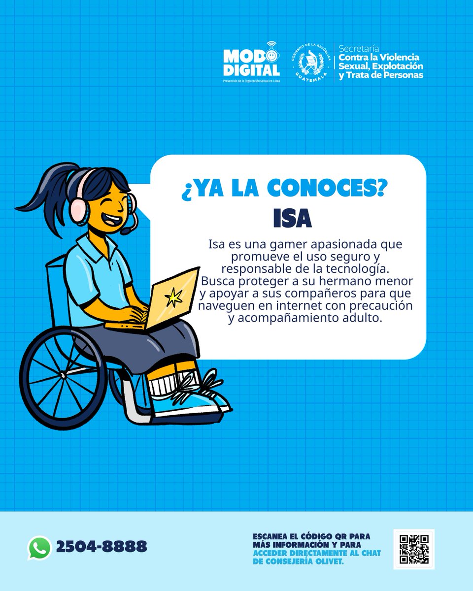secretariasvet's tweet photo. 🎮💙 Ella es Isa y promueve el uso seguro de la tecnología, cuidando a su hermano y motivando a sus amigos a navegar en internet con responsabilidad y acompañamiento adulto.

📲 2504-8888 | #ModoDigital #SVETGuatemala https://t.co/dWckSGBSnZ